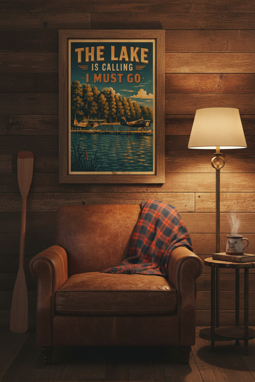 The Lake Is Calling I Must Go poster styled on a reclaimed wood wall above a leather armchair with plaid throw in a rustic lake house den