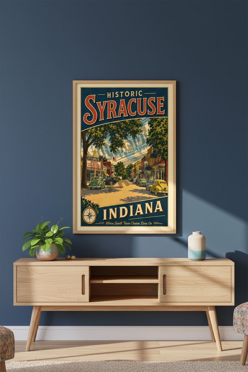 Historic Syracuse Indiana colorful poster styled on a navy accent wall above a mid-century modern console table