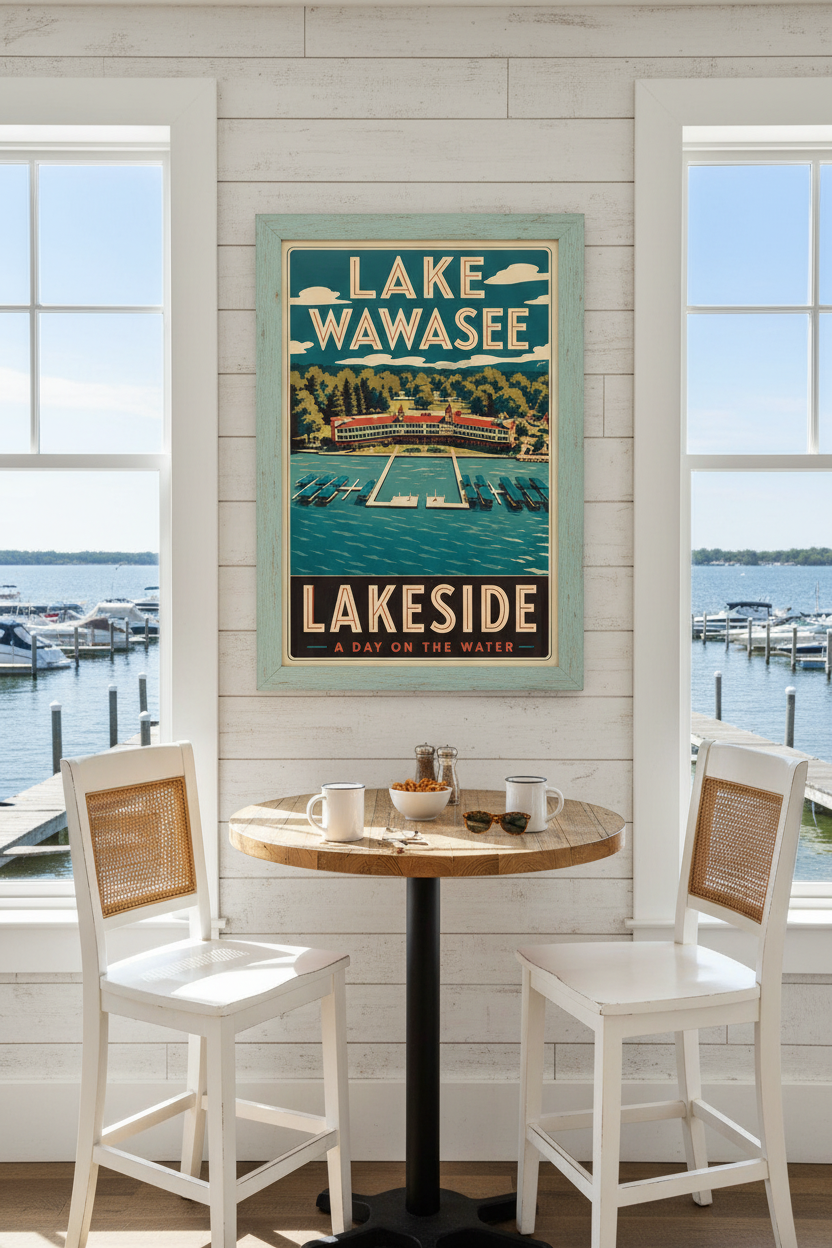 Lake Wawasee Spinks Marina Lakeside vintage poster styled on a whitewashed shiplap wall in a bright lakeside marina bar with captain's chairs and real boats visible through the windows