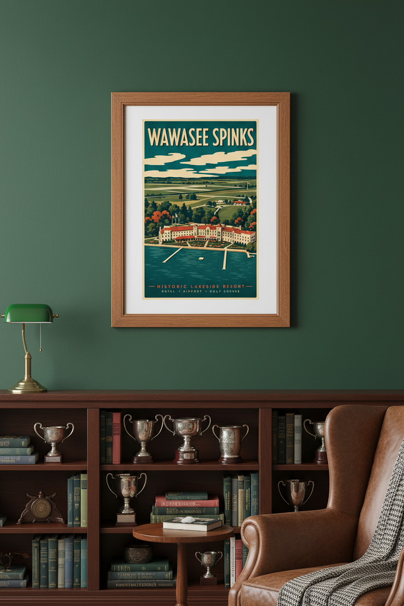 Wawasee Spinks Historic Lakeside Resort vintage aerial poster styled on a forest green wall above a built-in bookshelf with Indiana history books and vintage golf trophies in an elegant lake house library