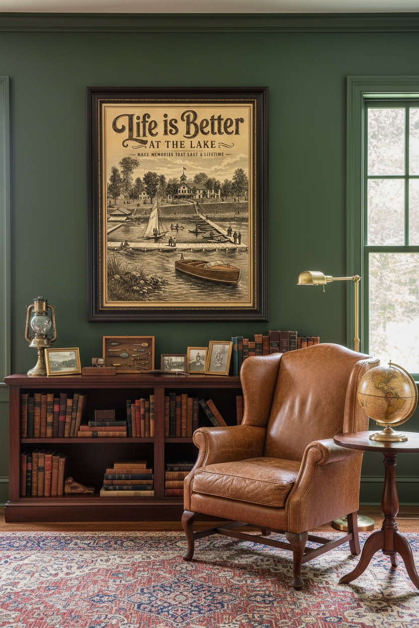 Life is Better at the Lake vintage Victorian engraving poster styled on dark green library walls above a built-in bookcase with leather-bound books in a warm distinguished lake house library with leather wingback chair and brass floor lamp