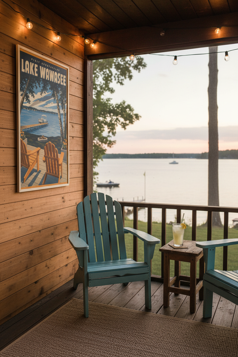 Visit Spectacular Lake Wawasee poster styled on a cedar plank wall of a screened-in lake porch with Adirondack chairs, string lights, and lemonade