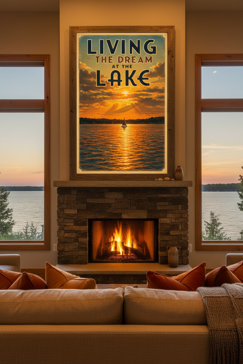 Living the Dream at the Lake poster styled above a stone fireplace at dusk with a real lake sunset visible through the windows in a cozy lake house living room