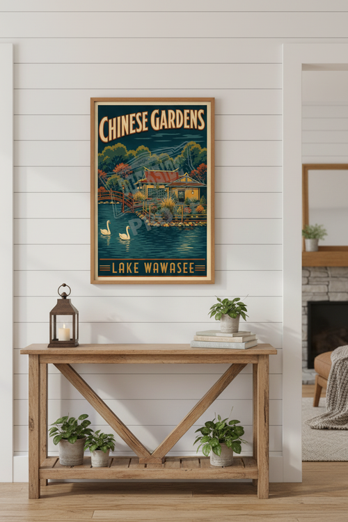 Chinese Gardens Lake Wawasee poster styled in a cozy lakehouse living room