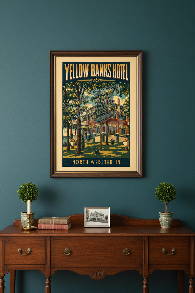 Yellow Banks Hotel North Webster Indiana vintage historic hotel poster styled on a deep teal wall above a vintage sideboard with brass candlestick and antique Indiana travel books in an elegant lake house dining room