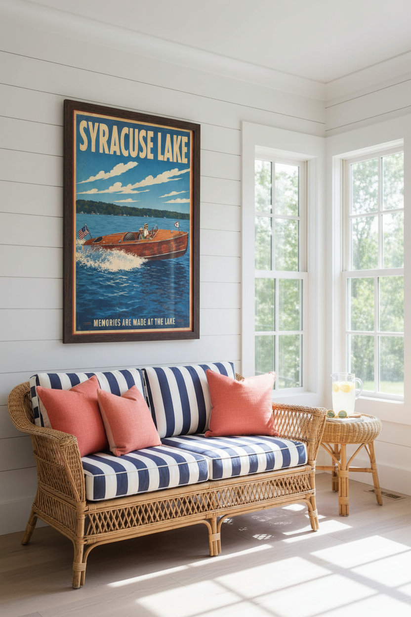Syracuse Lake Memories Are Made at the Lake vintage Chris-Craft poster styled on a white shiplap wall in a bright lake house sunroom with rattan loveseat, navy striped cushions, and lemonade pitcher