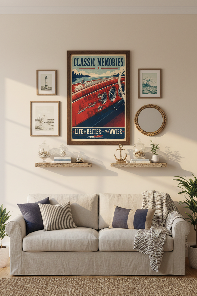 Classic Memories Vintage Poster styled in a coastal gallery wall living room