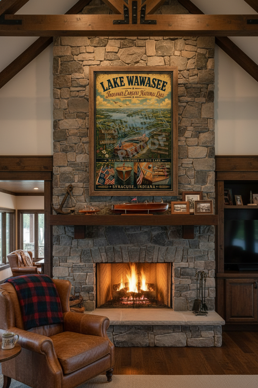 Lake Wawasee Indiana's Largest Natural Lake vintage poster styled above a stone fireplace mantle with wooden boat models, brass anchor, and leather armchair in a lake lodge great room