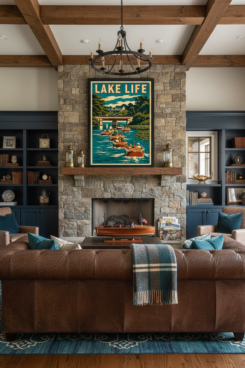 Lake Life vintage woodies through the channel poster styled above a stone fireplace mantel with mahogany model Chris-Craft boat and brass nautical lanterns in an elegant lake house great room with leather Chesterfield sofa