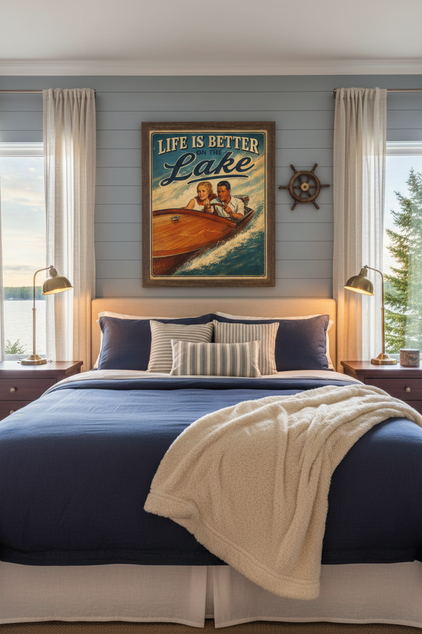 Life is Better on the Lake vintage 1940s couple runabout poster styled above a king bed with navy and cream bedding and a mahogany boat wheel on the wall in a romantic lake house master bedroom
