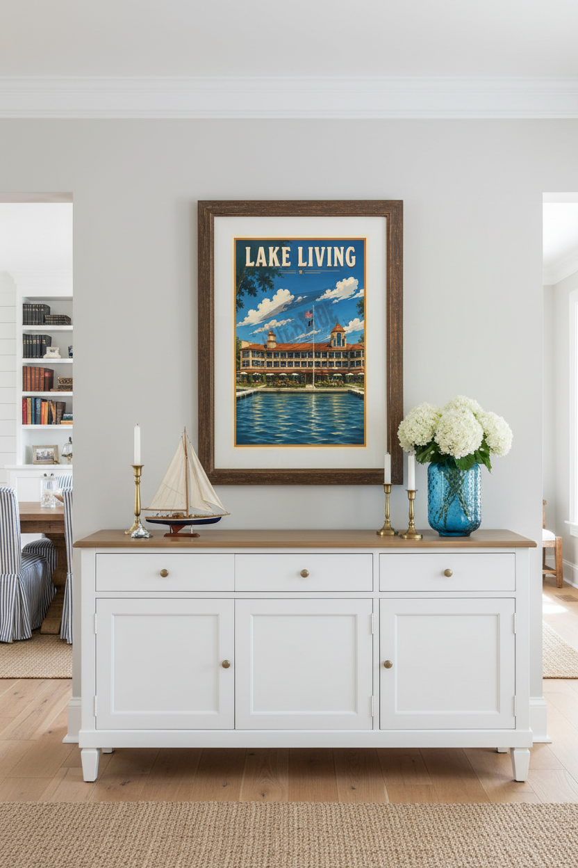 Lake Living poster styled above a white sideboard with hydrangeas, model sailboat and brass candlesticks in an upscale lake house dining room