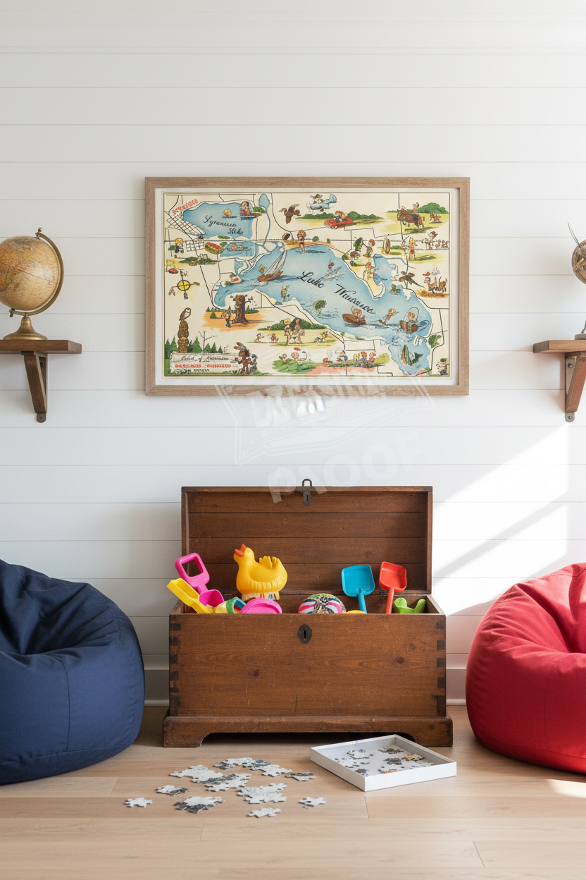 Syracuse Wawasee Land of Adventure vintage illustrated map poster styled on a white shiplap wall above a wooden toy chest with beach toys and navy and red bean bag chairs in a lake house family room