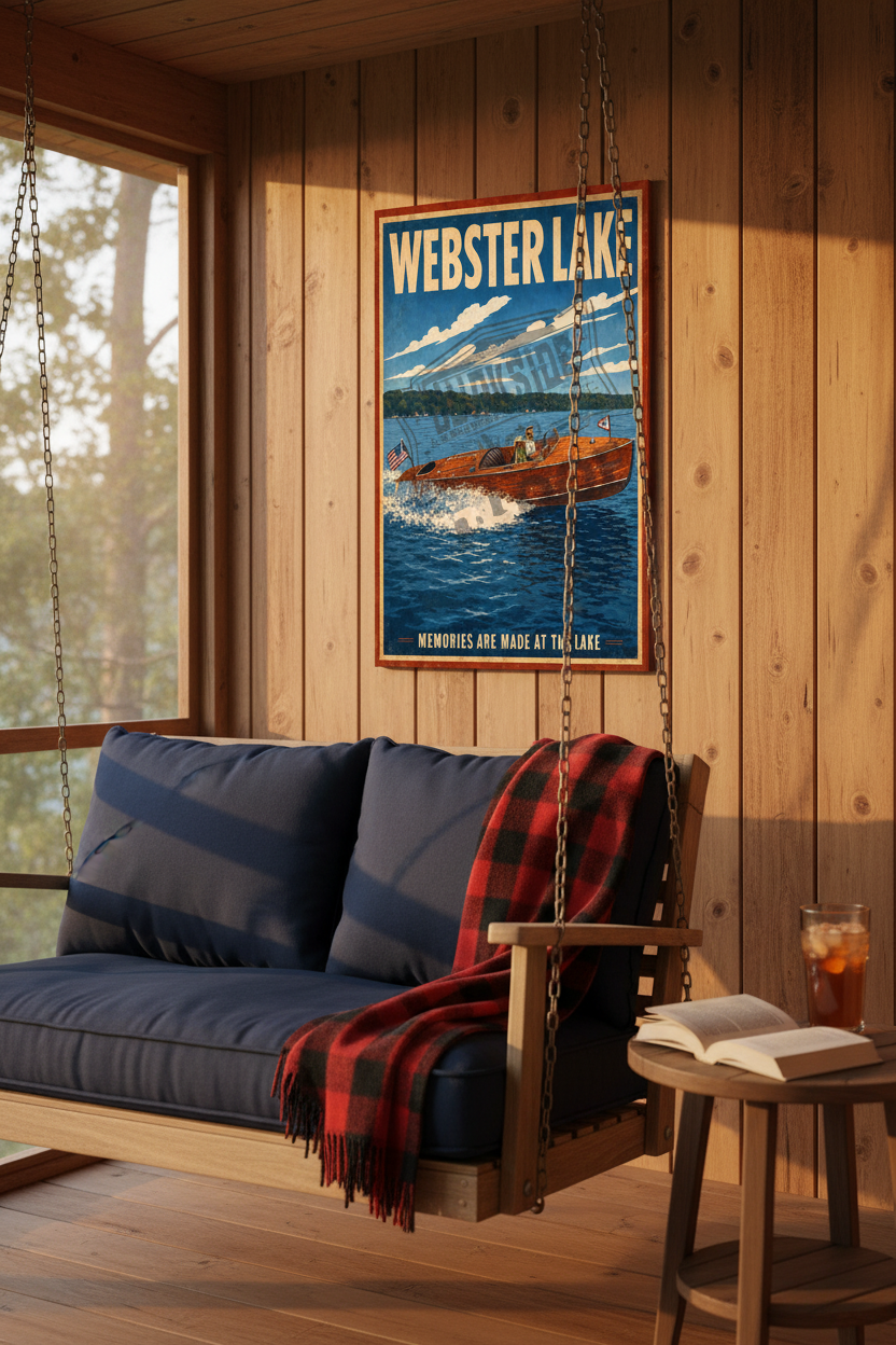 Webster Lake Memories Are Made at the Lake vintage Chris-Craft poster styled on a cedar-paneled wall above a porch swing with navy cushions on a golden hour screened porch