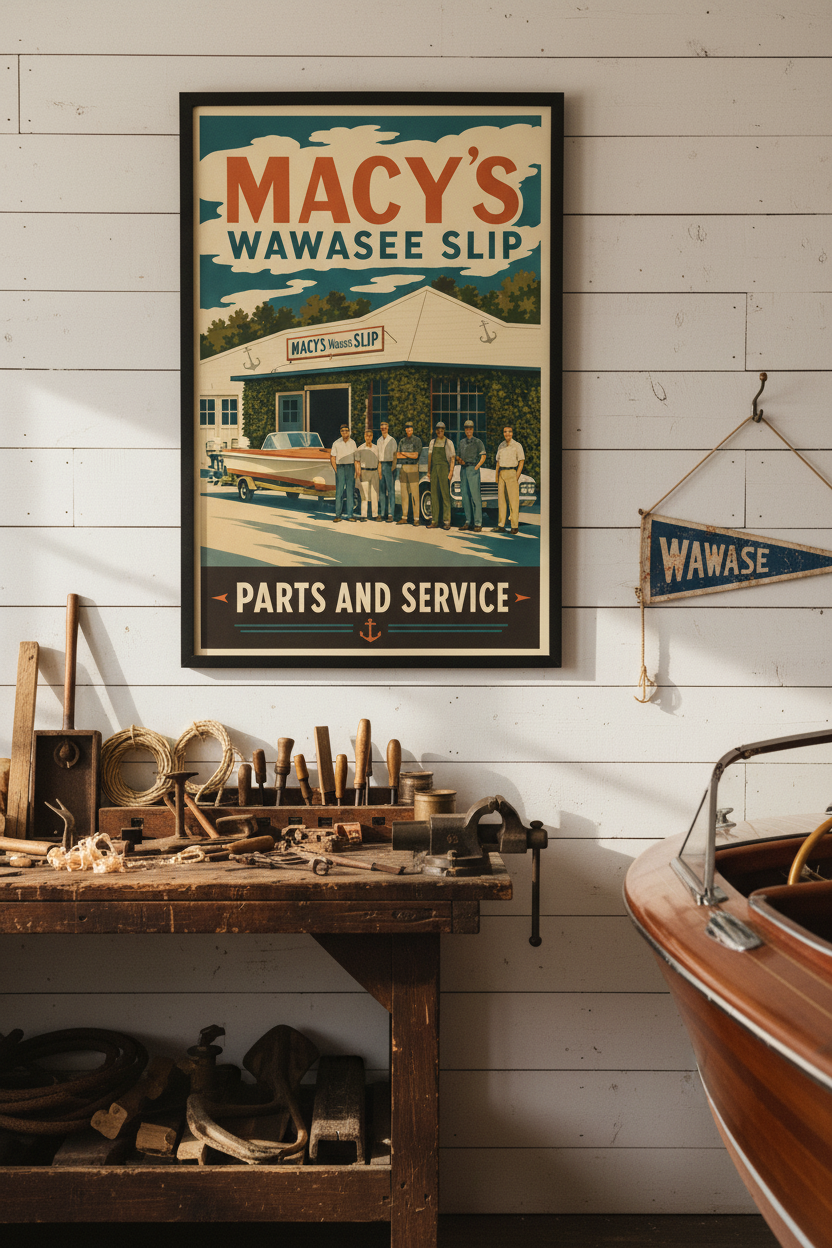 Macy's Wawasee Slip Parts and Service vintage poster styled on a whitewashed wood plank wall above a vintage workbench with boat parts and antique tools in a lake house boathouse garage