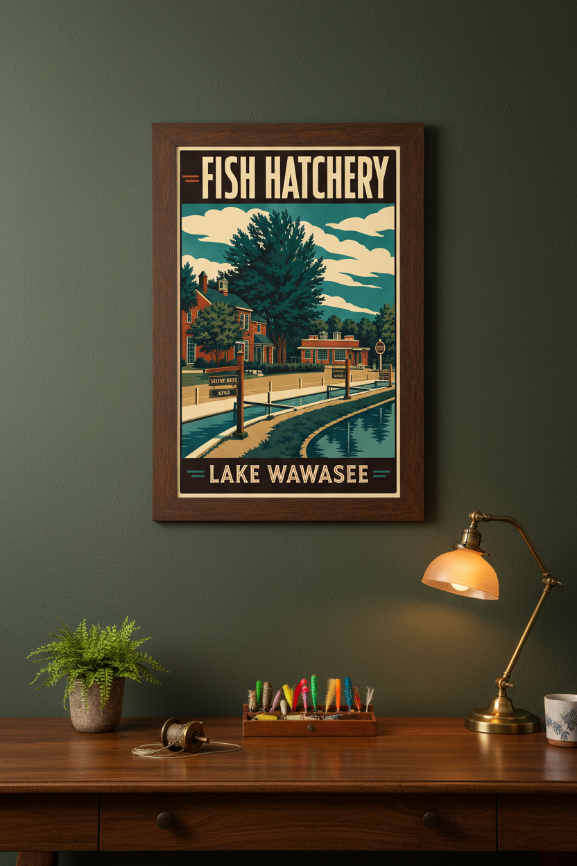 Fish Hatchery Lake Wawasee poster styled in a rustic study with vintage fishing tackle and warm lamp light