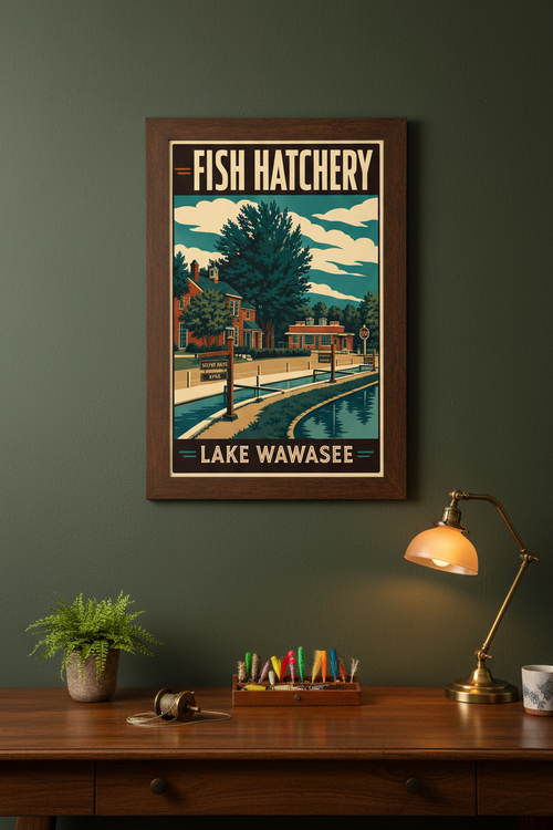 Fish Hatchery Lake Wawasee poster styled in a rustic study with vintage fishing tackle and warm lamp light