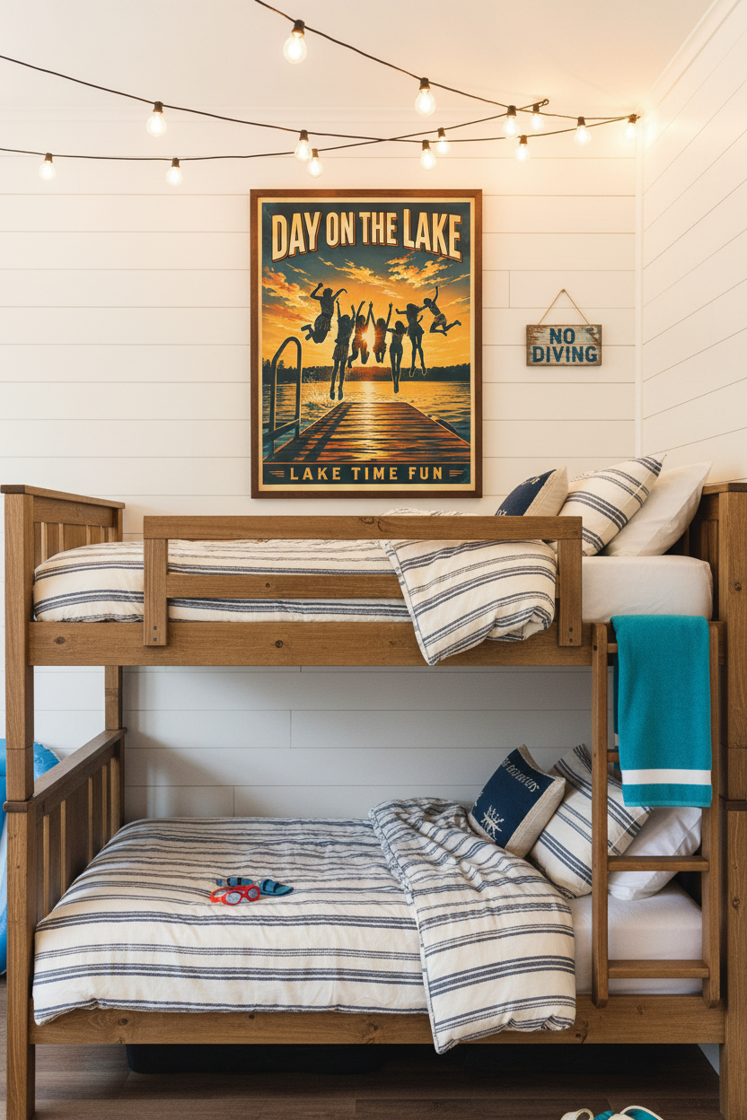 Day on the Lake Lake Time Fun vintage dock jump sunset poster styled on white shiplap wall above bunk beds with navy and orange striped bedding in a bright lake house bunkroom