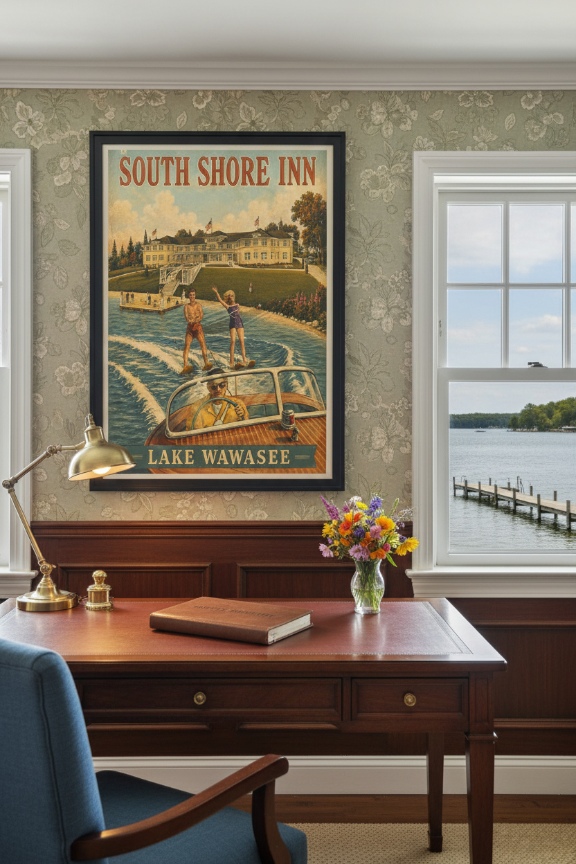 South Shore Inn Lake Wawasee vintage poster styled above a mahogany writing desk with brass lamp and lake view in an elegant lake resort hotel room