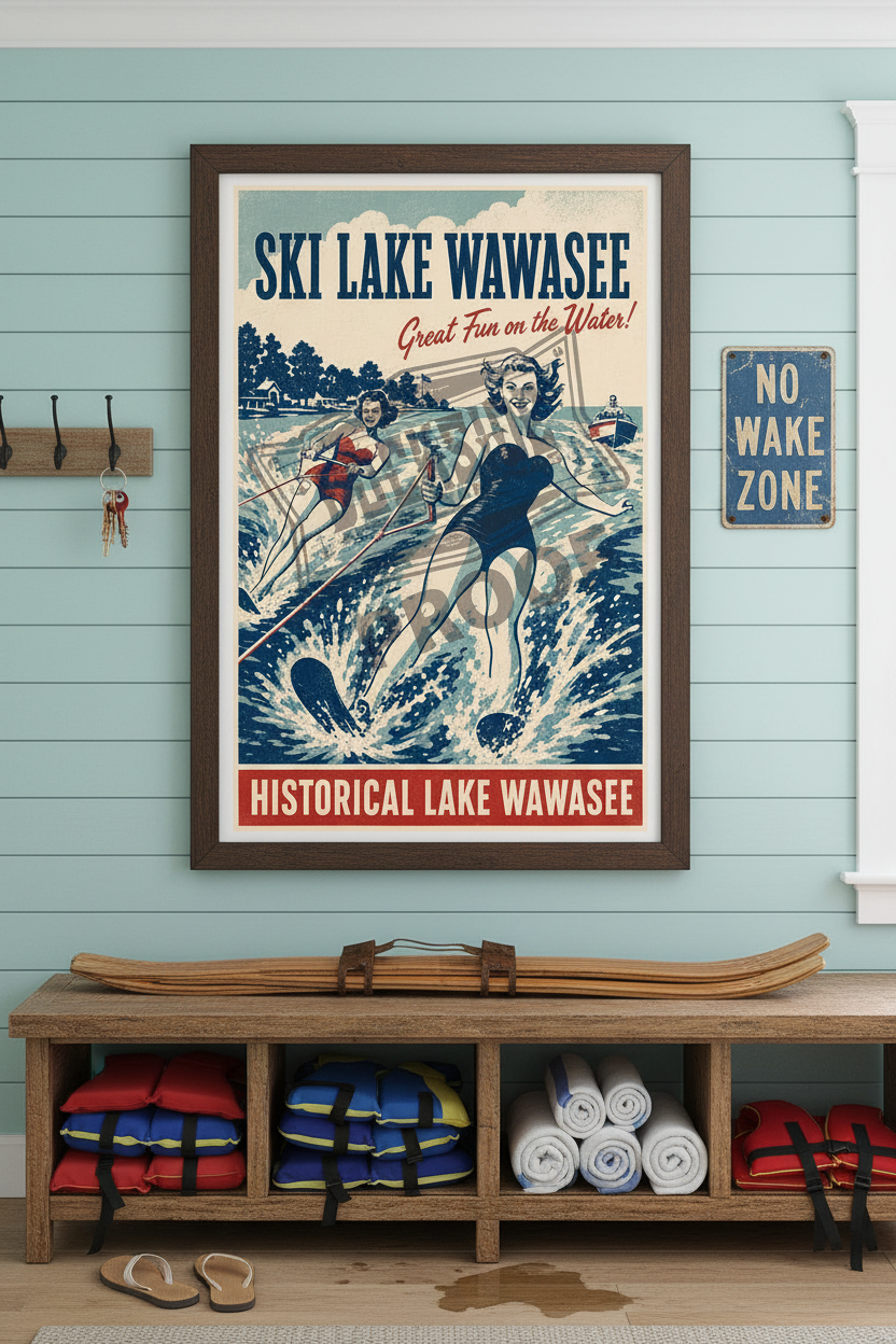 Ski Lake Wawasee Great Fun on the Water vintage poster styled above a wooden bench with water skis, life jackets, and boat keys in a lake house mudroom entryway