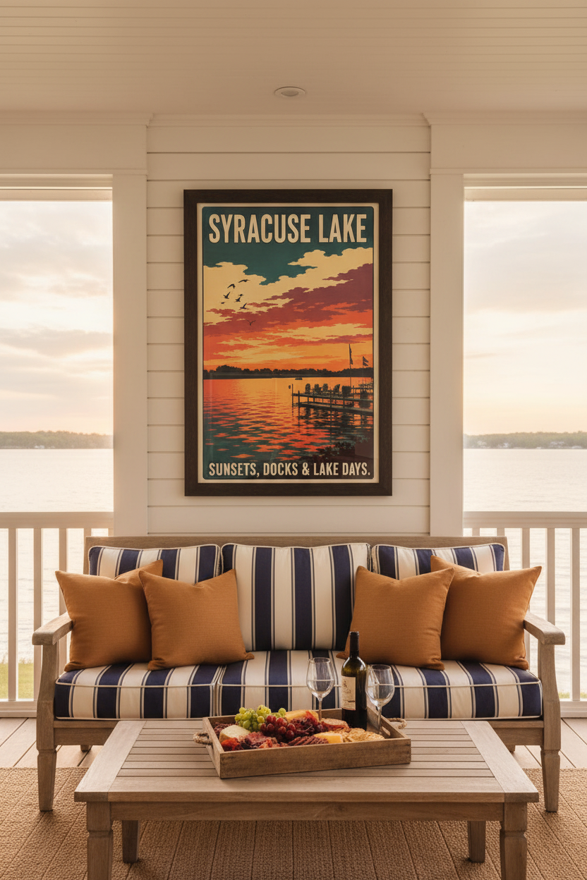 Syracuse Lake Sunsets Docks and Lake Days vintage poster styled on a white shiplap wall above a teak outdoor sofa with navy stripe cushions on a screened porch at golden hour with real lake sunset visible beyond