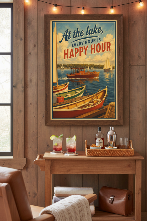 Happy Hour lake life poster styled in a lakehouse bar area with a bar cart and summer drinks