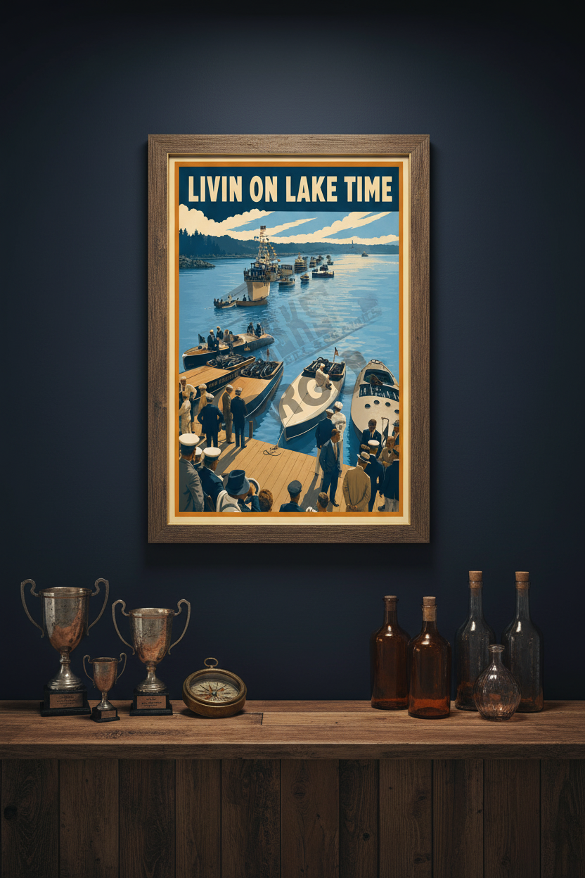 Livin on Lake Time poster styled on a dark navy wall above a reclaimed wood bar with vintage racing trophies and brass compass in a lake house man cave