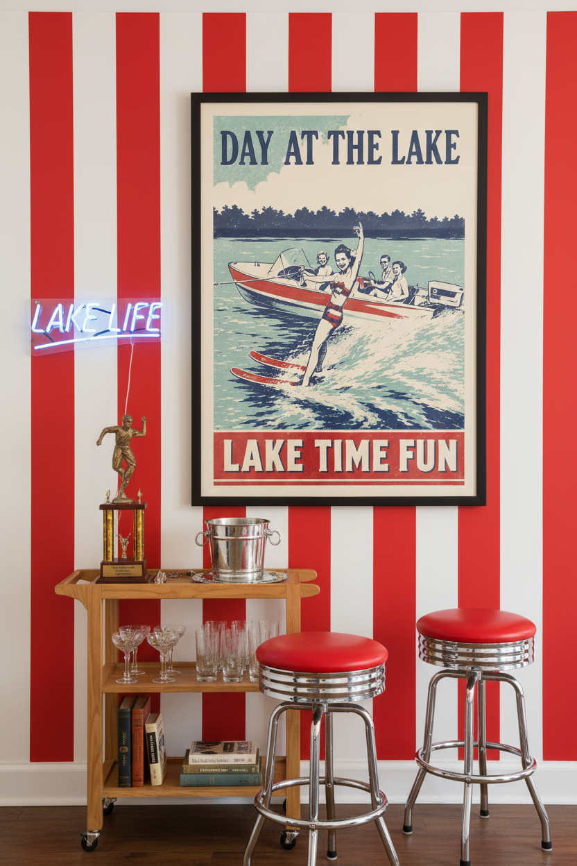 Day at the Lake Lake Time Fun vintage 1950s water skiing poster styled on a red and white striped wall above a vintage bar cart with retro cocktail glasses and chrome ice bucket in a fun lake house game room