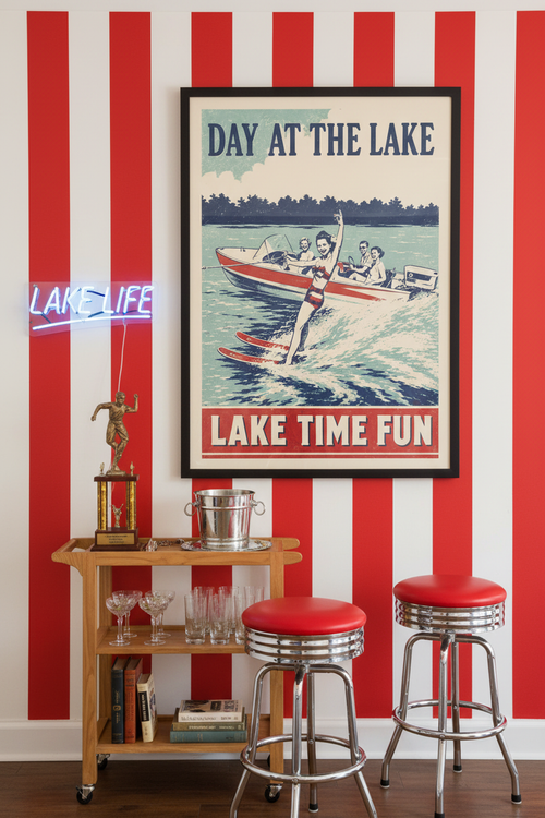 Day at the Lake Lake Time Fun vintage 1950s water skiing poster styled on a red and white striped wall above a vintage bar cart with retro cocktail glasses and chrome ice bucket in a fun lake house game room