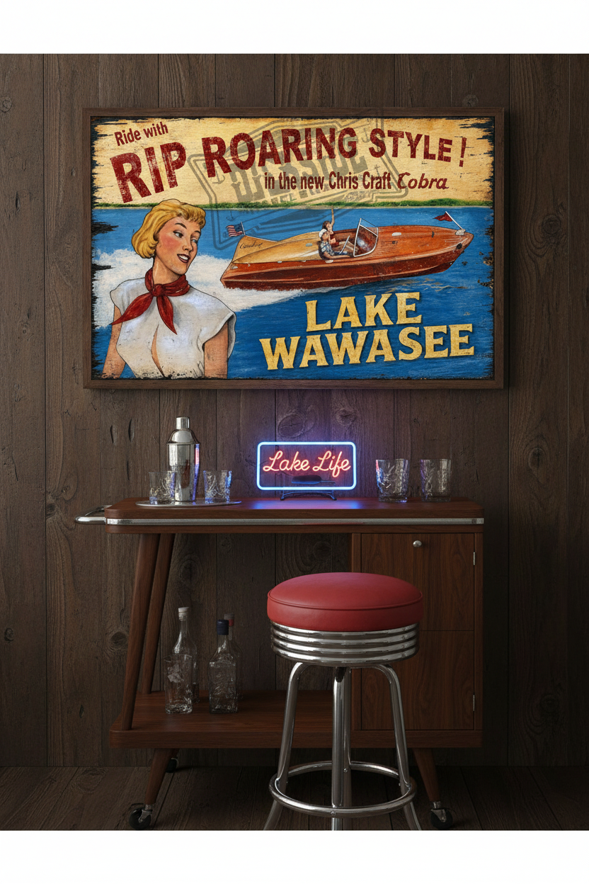 Lake Wawasee Rip Roaring Style vintage retro poster styled on a dark knotty pine wall above a vintage bar cart with chrome cocktail shaker and neon Lake Life sign in a retro lake house bar