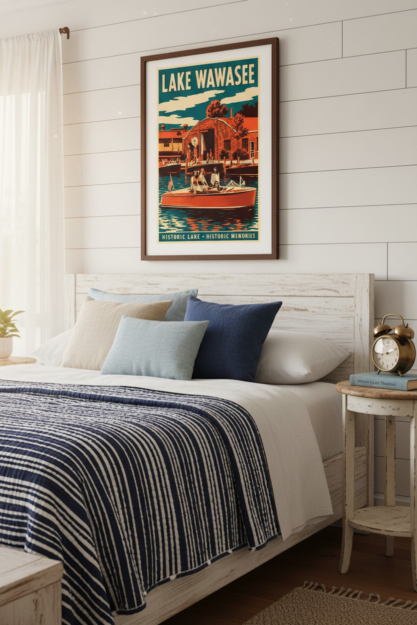 Lake Wawasee Historic Lake Historic Memories vintage marina poster styled above a whitewashed wood headboard in a cozy Indiana lake cottage bedroom with navy striped quilt and morning light