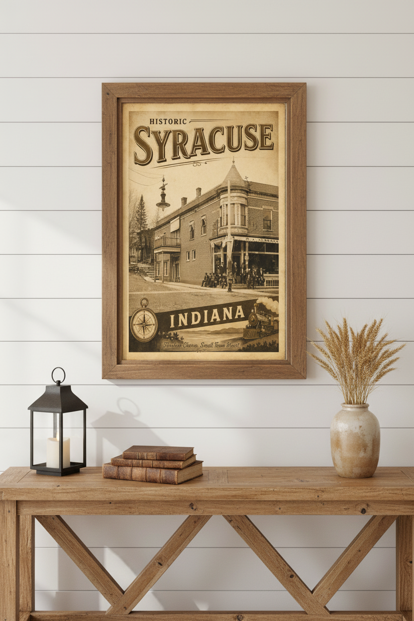 Historic Syracuse Indiana poster styled in a cozy farmhouse living room with shiplap wall and vintage decor
