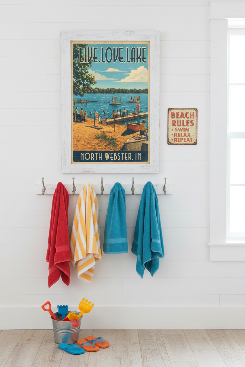 Live Love Lake Webster Lake North Webster Indiana vintage beach poster styled on a white beadboard wall above nautical hooks with colorful beach towels in a bright lake house mudroom