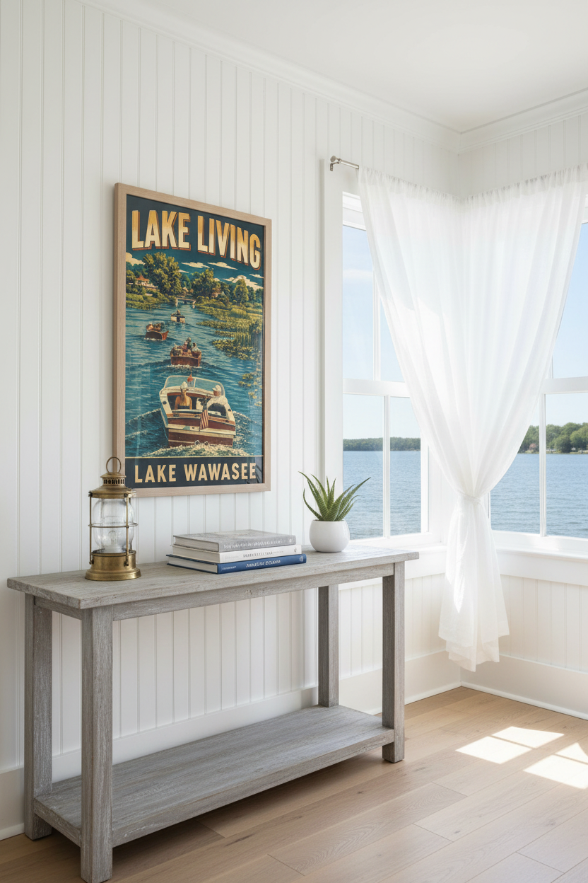 Lake Living Lake Wawasee vintage poster styled in a bright lake house sunroom with nautical lantern, lake life books, and a glimpse of sparkling water through sheer curtains