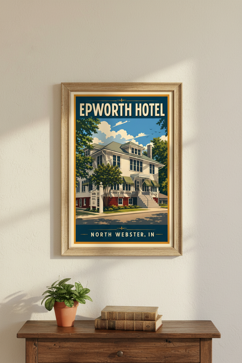Epworth Hotel North Webster Indiana poster styled in a warm home entryway with vintage decor