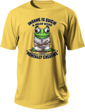 Yellow T-shirt with a green cartoon frog and the words Insane Is Such a Mean Word, I Prefer Mentally Creative.