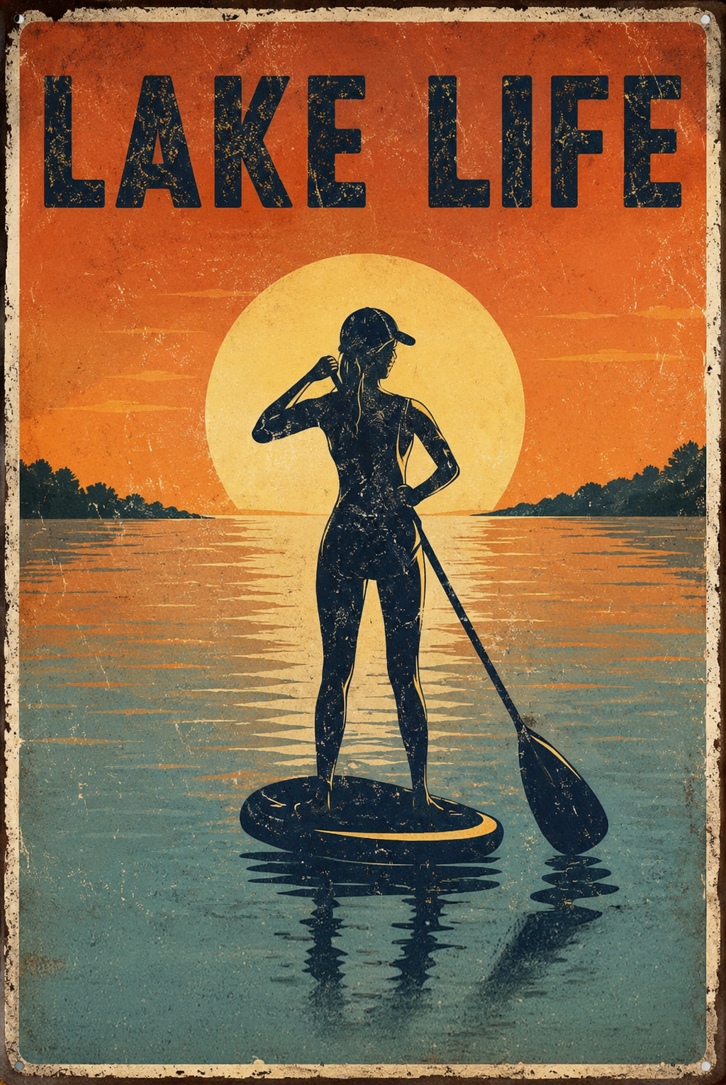 Lake Life vintage distressed metal sign style poster featuring a woman SUP paddleboarding silhouetted against a massive golden sun on a deep orange and teal lake sunset