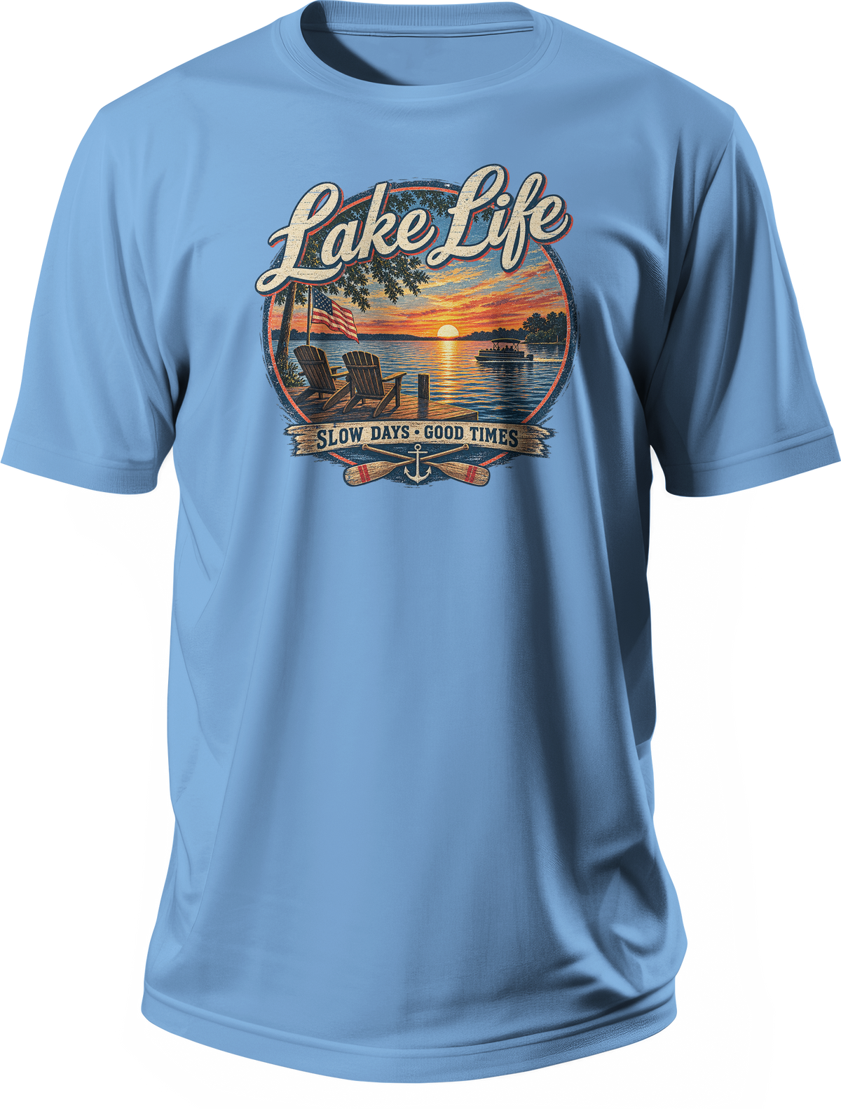 Blue T-shirt with Lake Life lettering above a lakeside sunset scene and the slogan Slow Days, Good Times.