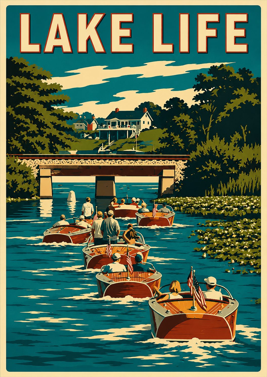 Lake Life vintage poster featuring a flotilla of gleaming mahogany classic wooden runabouts flying American flags parading through a lush green channel under a stone bridge toward a grand white lake house