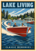 Lake Living Classic Memories vintage poster featuring a dashing couple in a gleaming red speedboat flying an American flag cutting through sparkling blue water past a white gazebo dock and lakeside cottages