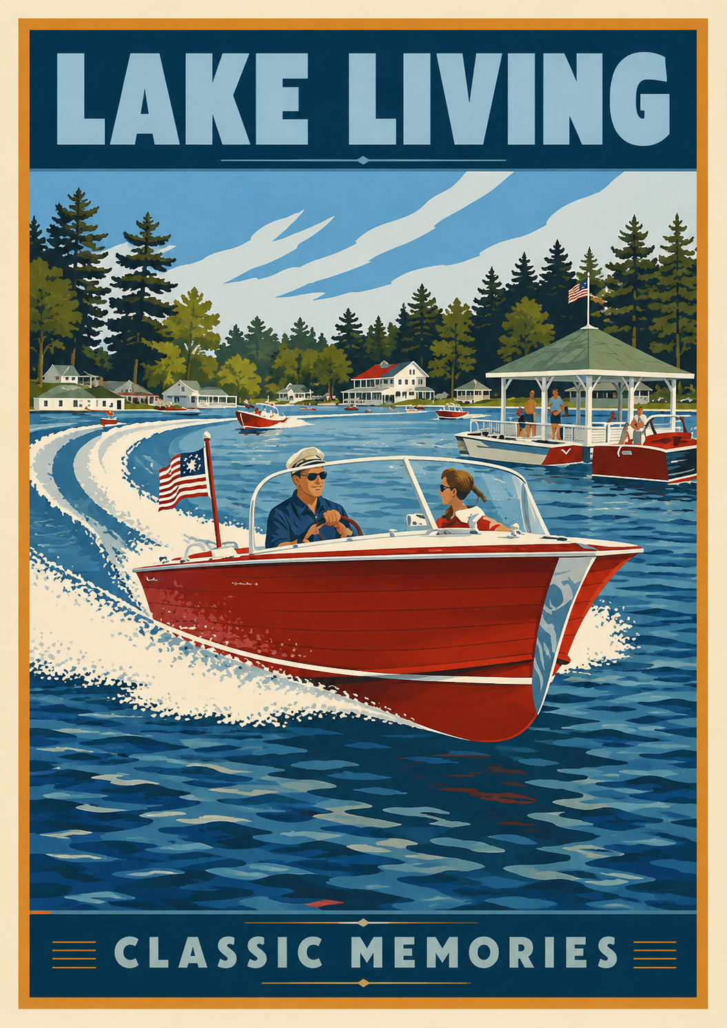 Lake Living Classic Memories vintage poster featuring a dashing couple in a gleaming red speedboat flying an American flag cutting through sparkling blue water past a white gazebo dock and lakeside cottages