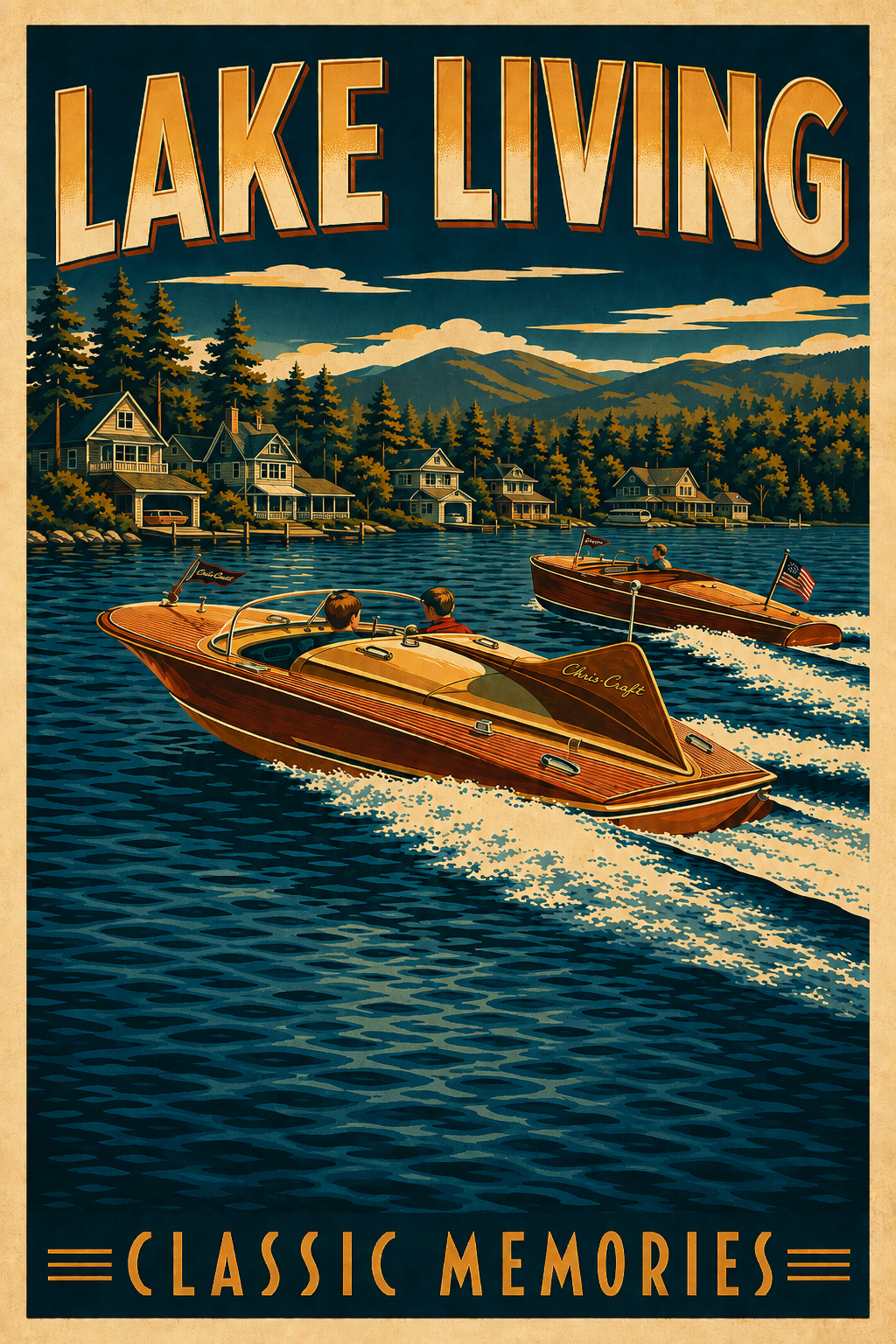 Lake Living Classic Memories vintage poster featuring two gleaming mahogany Chris-Craft runabouts flying American flags racing side by side across a deep blue lake toward grand lake houses in towering pines with mountains behind