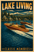 Lake Living Classic Memories vintage poster featuring two gleaming mahogany Chris-Craft runabouts flying American flags racing side by side across a deep blue lake toward grand lake houses in towering pines with mountains behind