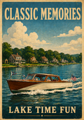 Classic Memories Lake Time Fun vintage poster featuring a mahogany cabin cruiser flying an American flag gliding past a row of charming Victorian lake cottages under a spectacular billowing cumulus sky