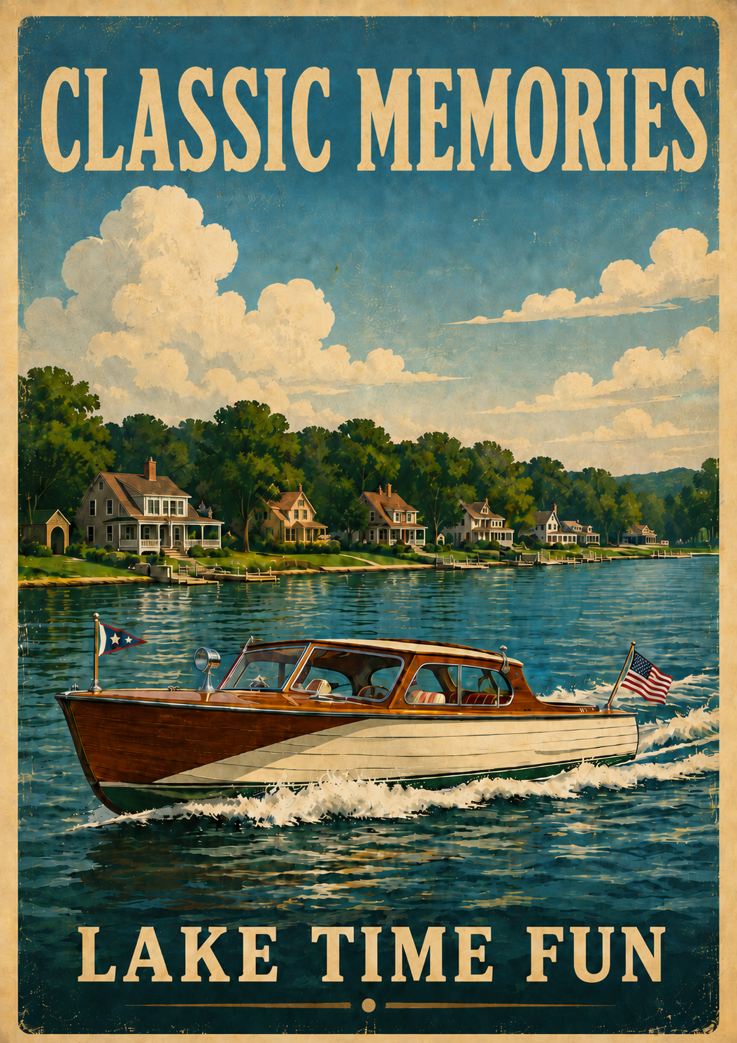 Classic Memories Lake Time Fun vintage poster featuring a mahogany cabin cruiser flying an American flag gliding past a row of charming Victorian lake cottages under a spectacular billowing cumulus sky