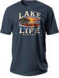 Dark T-shirt featuring a wooden speedboat on a lake at sunset, framed by Lake Life and Wawasee lettering.