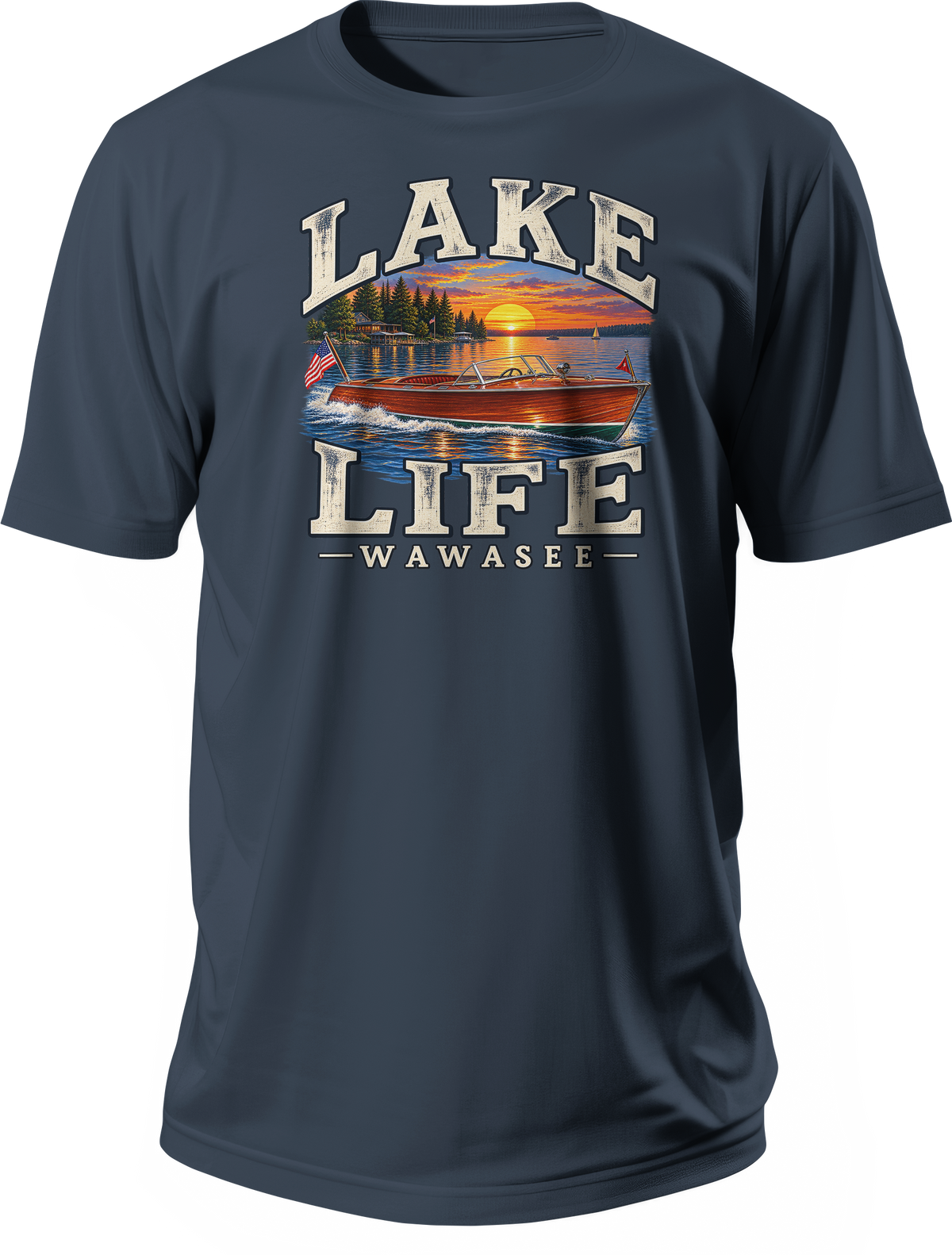 Dark T-shirt featuring a wooden speedboat on a lake at sunset, framed by Lake Life and Wawasee lettering.