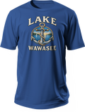 Blue T-shirt with Lake Wawasee lettering and a rope-wrapped anchor framing a lake scene with sailboats.