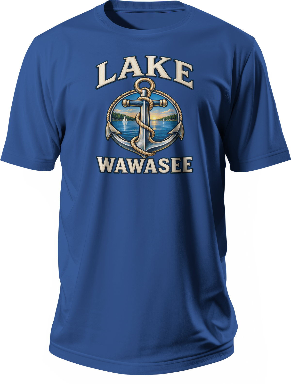 Blue T-shirt with Lake Wawasee lettering and a rope-wrapped anchor framing a lake scene with sailboats.