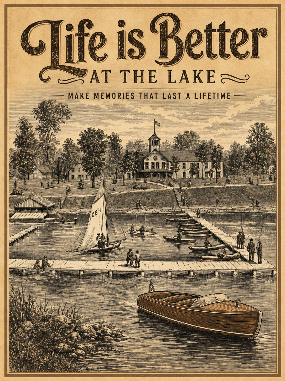 Life is Better at the Lake vintage Victorian steel engraving style poster featuring a grand lakeside pavilion, sailboat, fishermen on a long dock, rowboats and a wooden runabout on aged parchment background