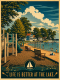 Life is Better at the Lake vintage poster featuring a lakefront park with playground, sandy beach, swimmers, wooden benches, lakeside cottages flying American flags under a deep teal sky with billowing clouds and golden musical notes